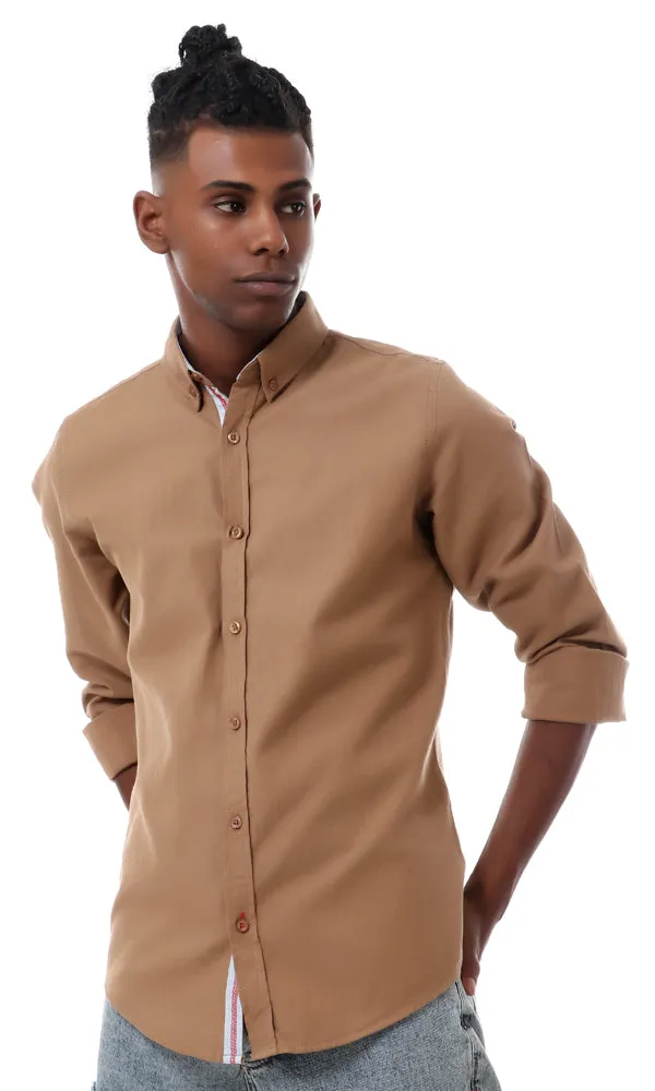 57002 Plain Casual Linen Buttoned Shirt - Camel