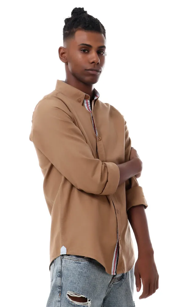 57002 Plain Casual Linen Buttoned Shirt - Camel