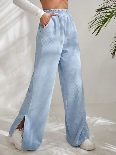 6 Slit Pocketed High Waist Wide Leg Pants