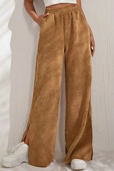 6 Slit Pocketed High Waist Wide Leg Pants