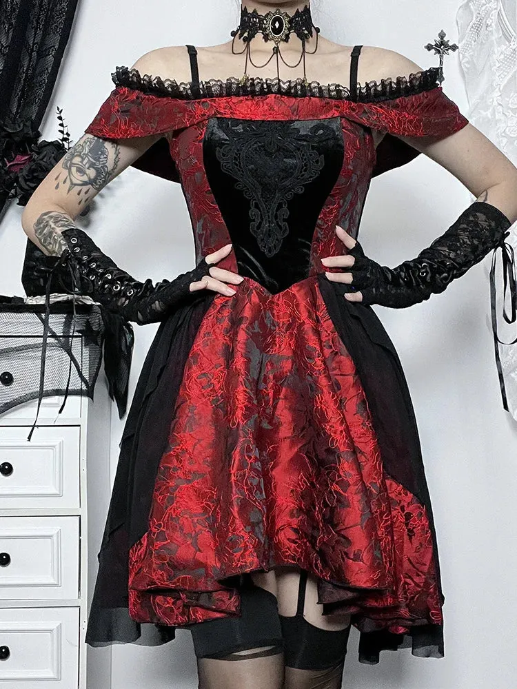 A-Line Vintage Off Shoulder Lace Trim Floral Medieval Steampunk Halloween Dress