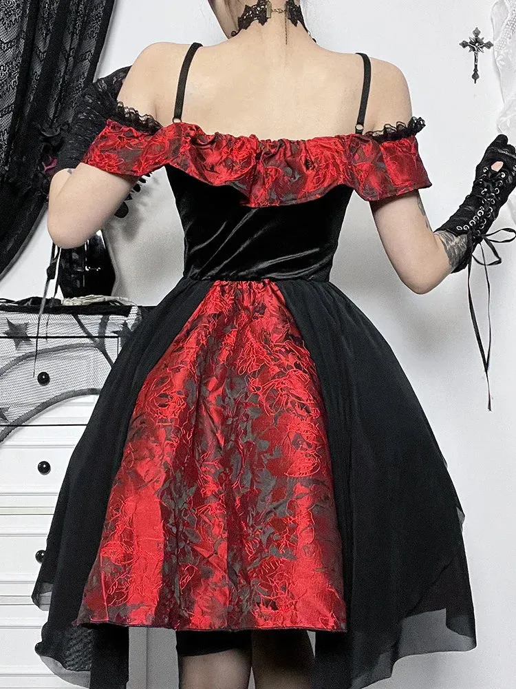 A-Line Vintage Off Shoulder Lace Trim Floral Medieval Steampunk Halloween Dress