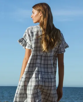 Ada-Cay Organic Cotton & Linen Dress In White & Blue Check