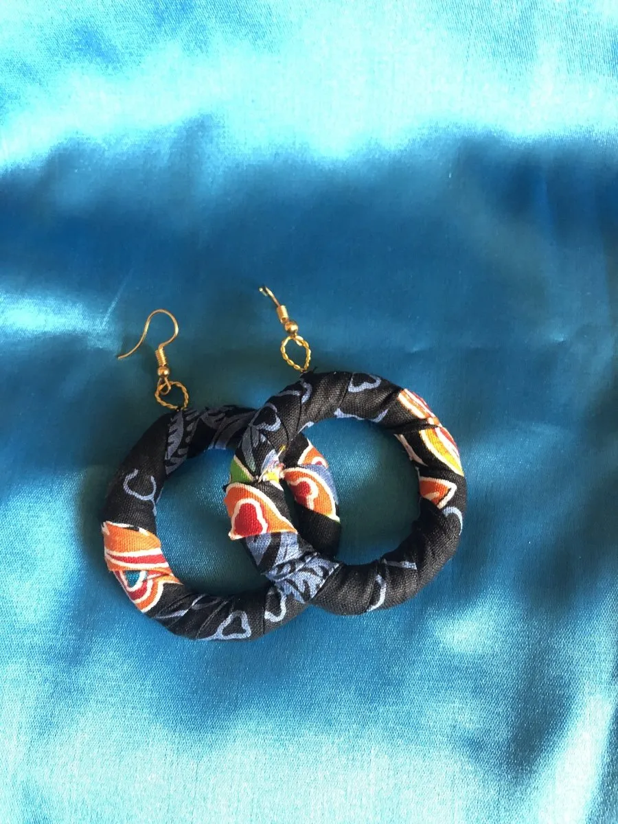 African Hoops in Black Ankara Print - Up cycled Zero Waste Earrings