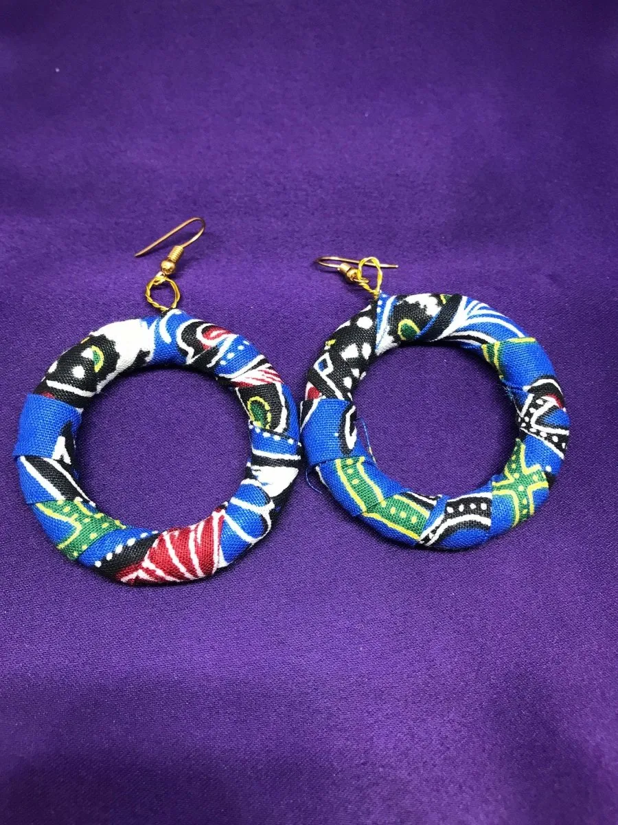 African Hoops in Blue Ankara Print - Up cycled Zero Waste Earrings