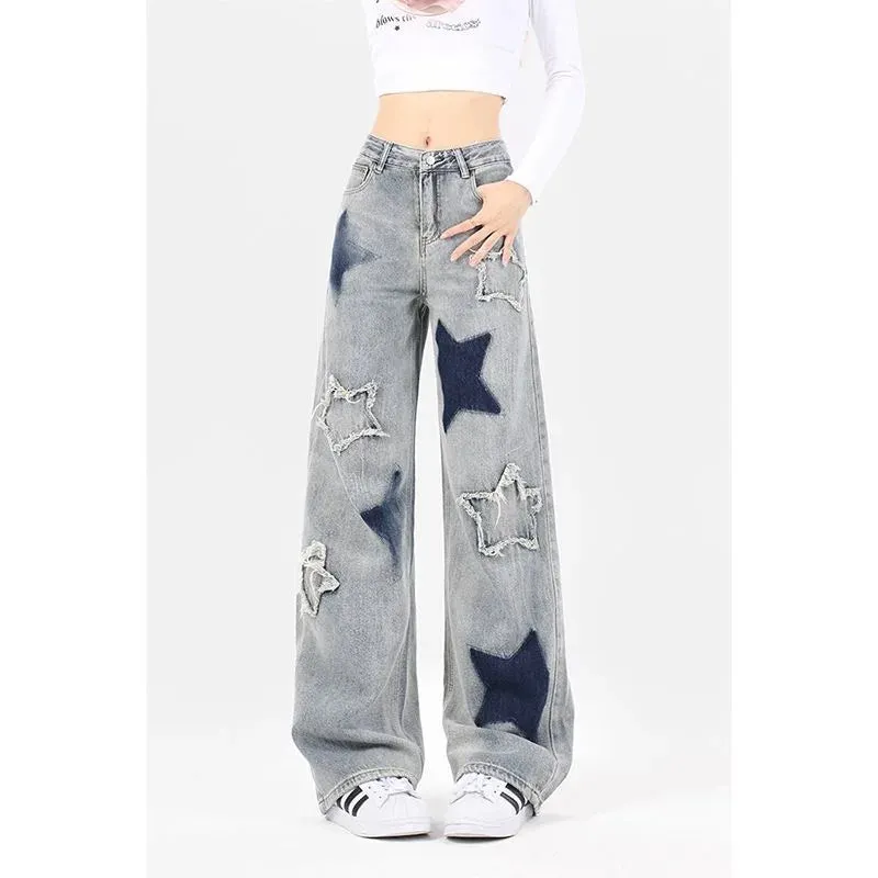 American Retro Trendy Wide-leg Five-point Star Raw Edge Jeans