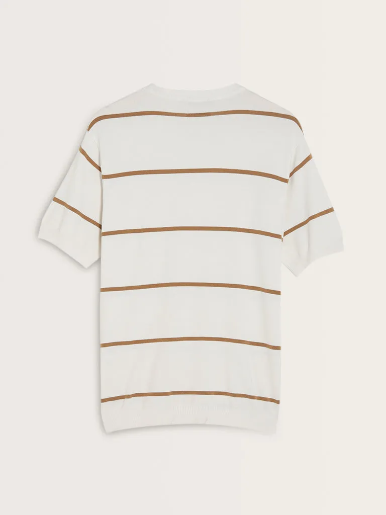 Ascot Beige Stripe Printed Relaxed-Fit Knitted T-Shirt