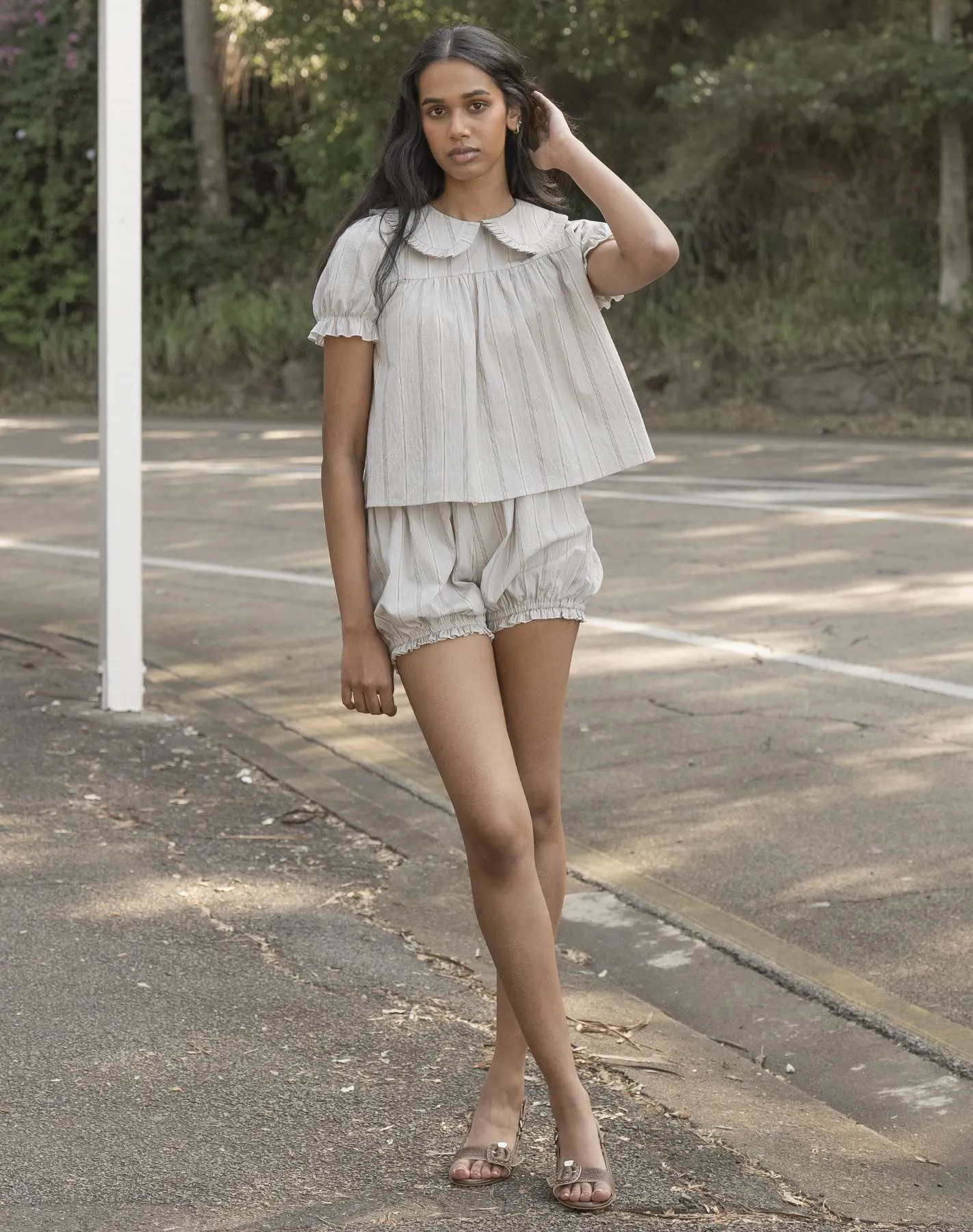 Babydoll Blouse - Blue Beige Stripe