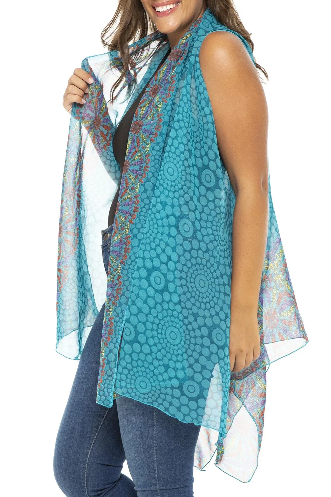 Back From Bali Womens Plus Size Chiffon Kimono Cardigan Sheer Sleeveless Open Front Duster Fits 1x, 2x, 3x, 4x