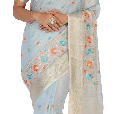 Banarasi cotton silk sari with embroidery - Sky Blue