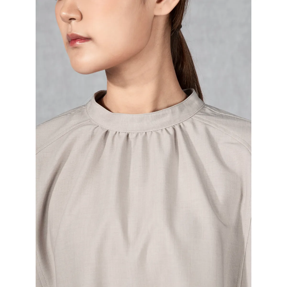 Band Collar Gathered Blouse Heather Taupe