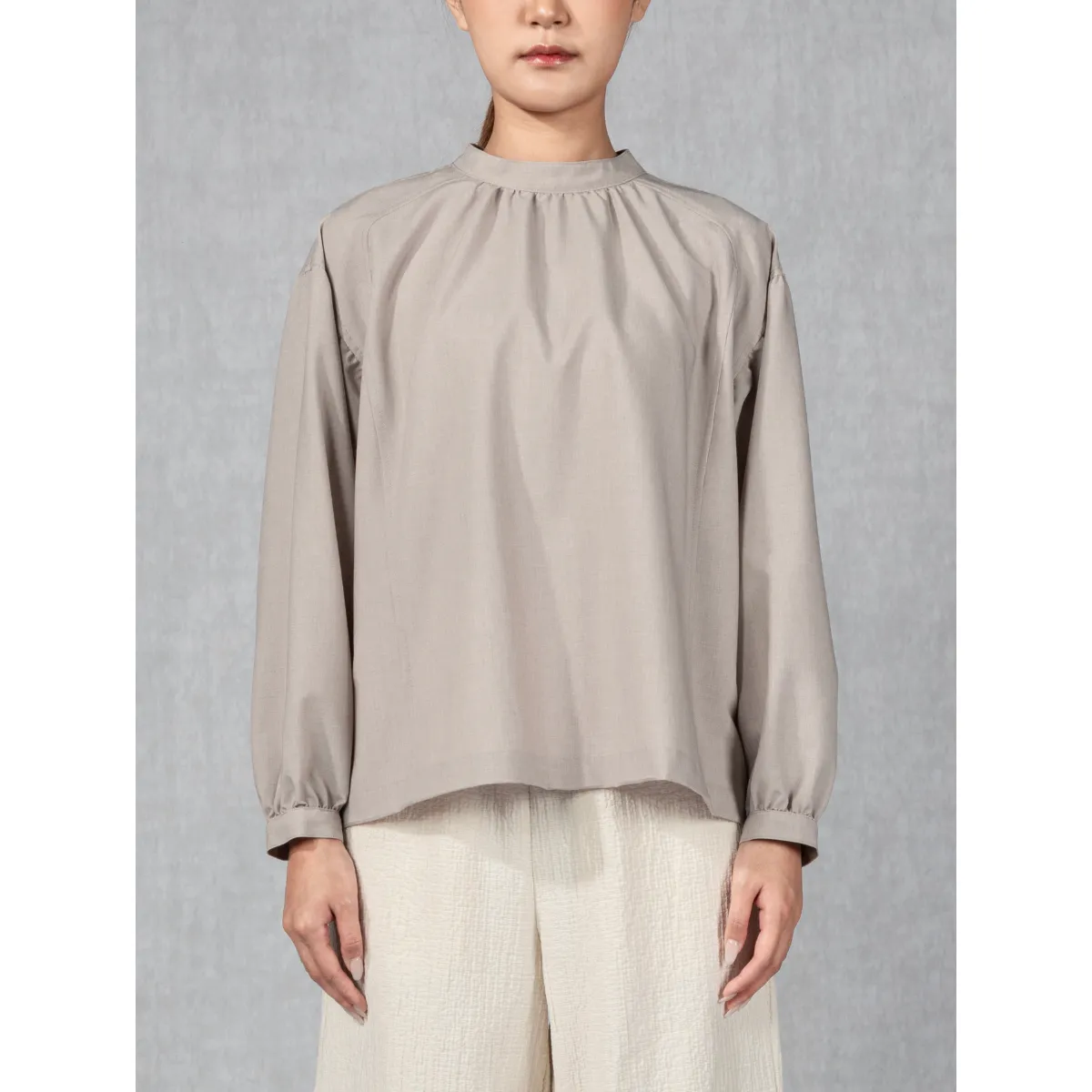 Band Collar Gathered Blouse Heather Taupe