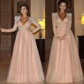 beaded prom dresses long sleeve deep v neck sparkly dusty pink prom gown robe de soiree