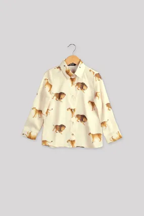 Beige Lion Printed Shirt For Girls