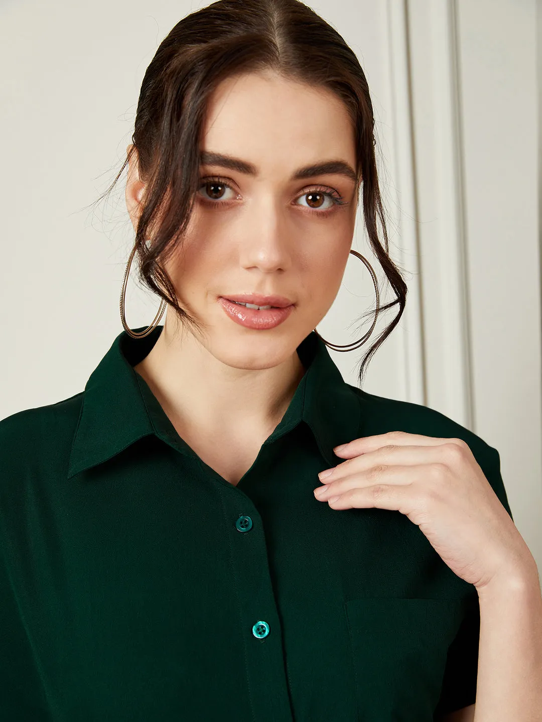 Berrylush BIZwear Women Solid Green Spread Collar Neck Front Button Curved Hem Regular Shirt