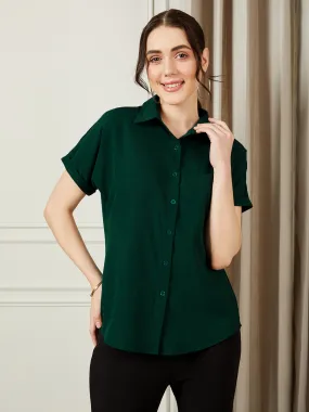 Berrylush BIZwear Women Solid Green Spread Collar Neck Front Button Curved Hem Regular Shirt