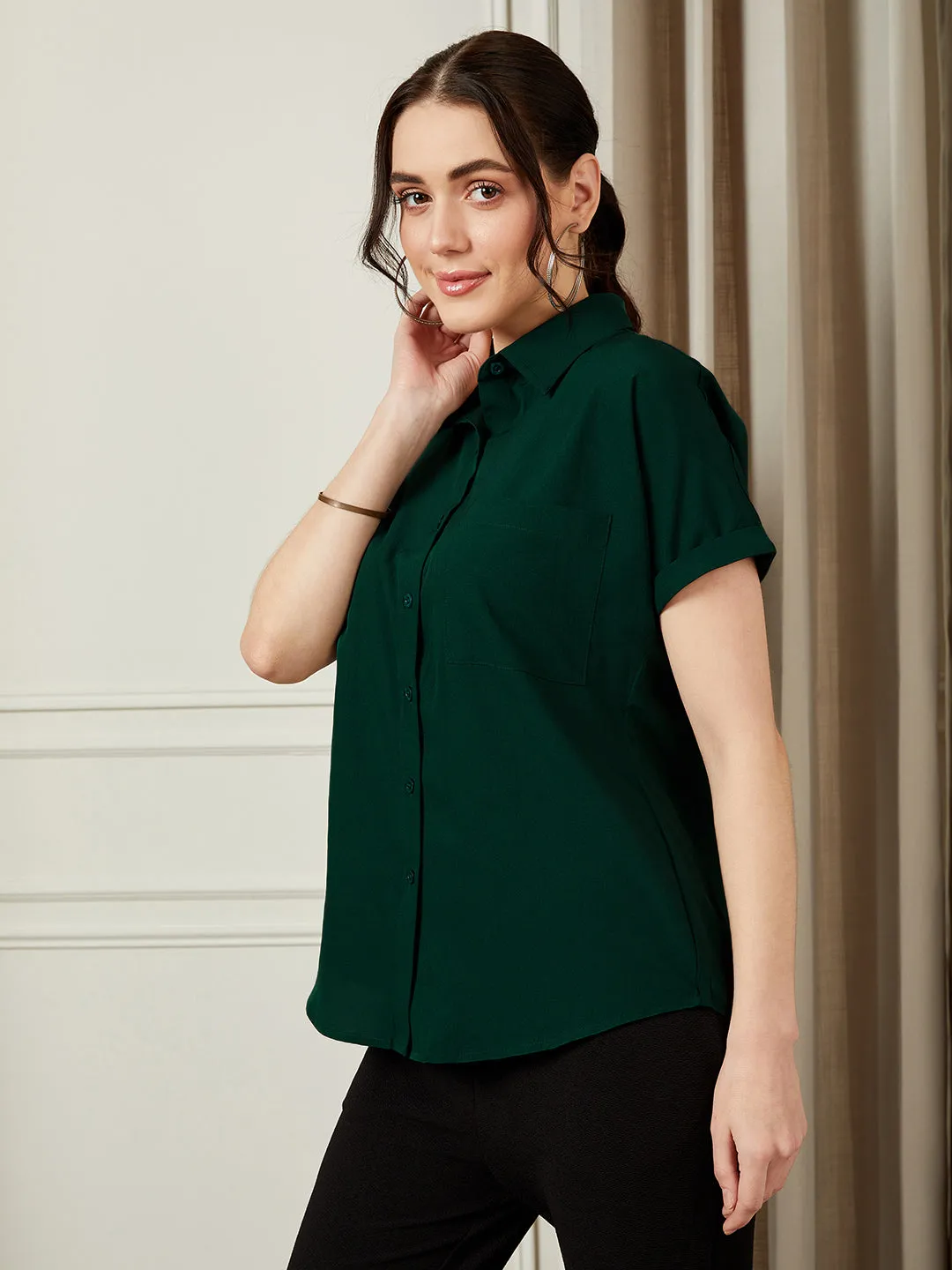 Berrylush BIZwear Women Solid Green Spread Collar Neck Front Button Curved Hem Regular Shirt