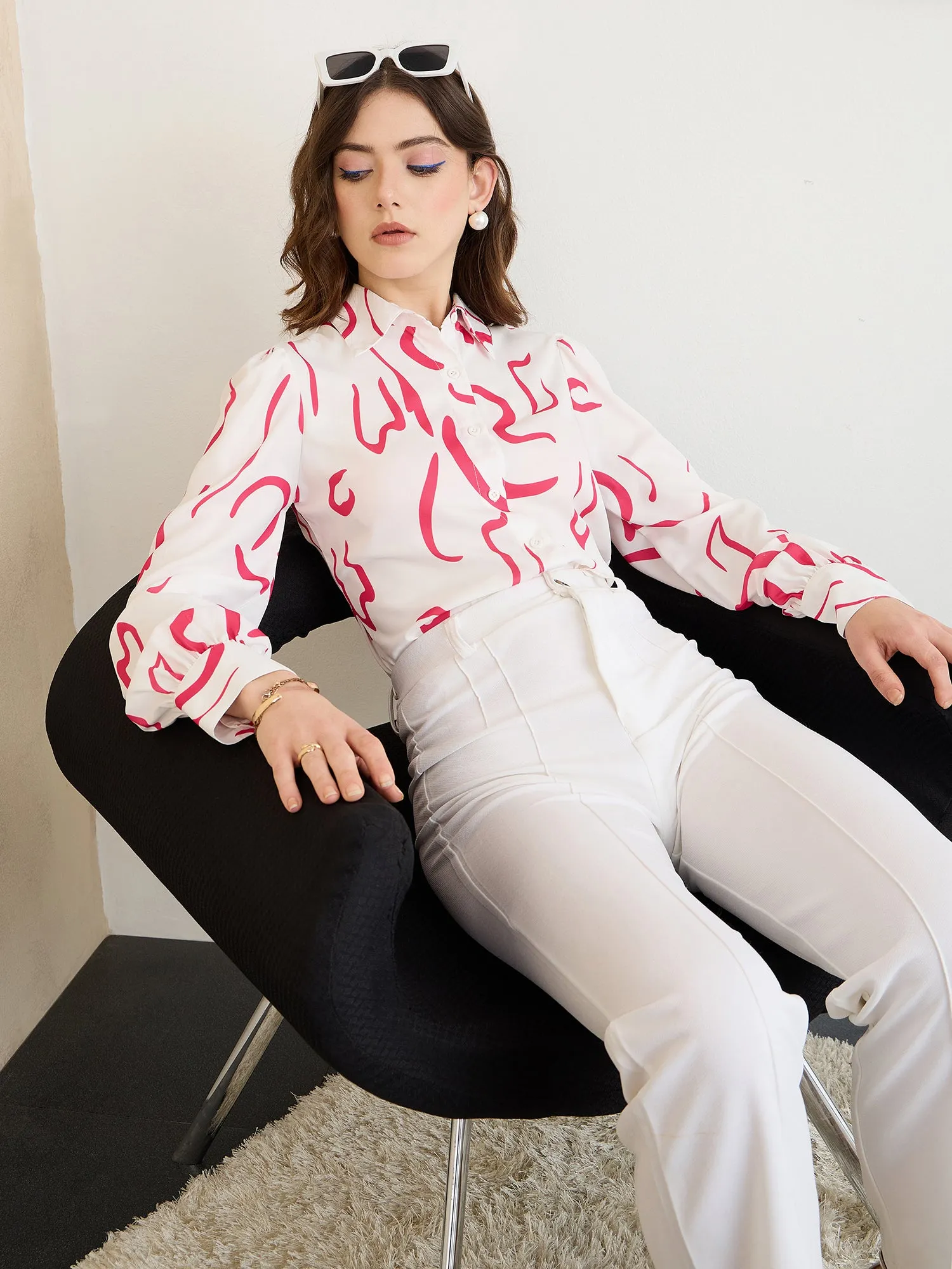 Berrylush BIZwear Women White & Pink Abstract Printed Spread Collar Neck Button-Up Curved Hem Regular Shirt