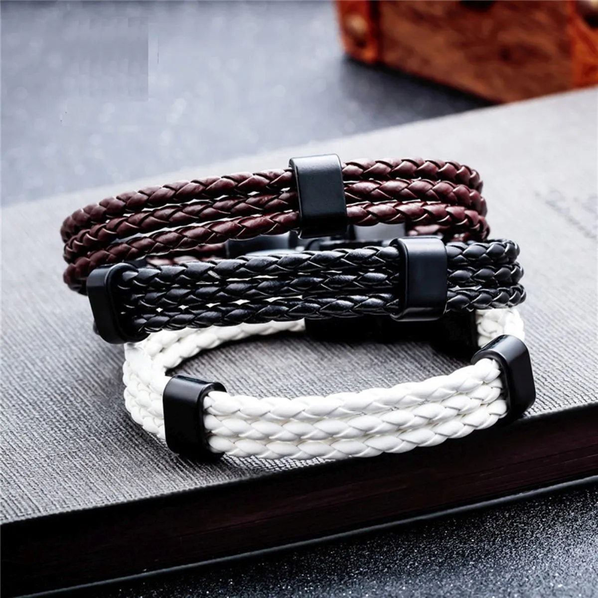 Black Biker Triple Layer Braided Rope Leather Wrist Band Wrap Bracelet