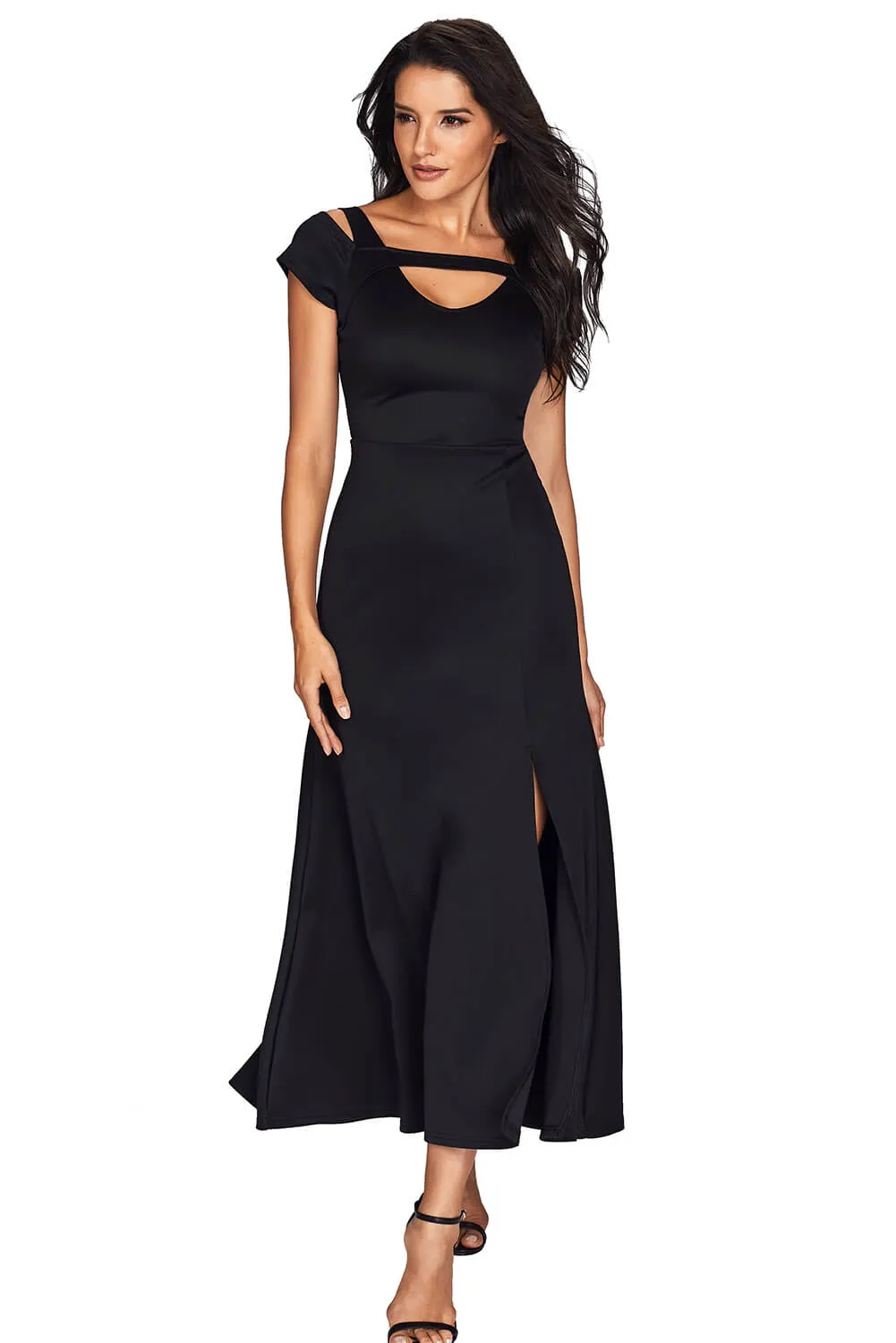 Black Cold Shoulders Front Slit Flare Dress