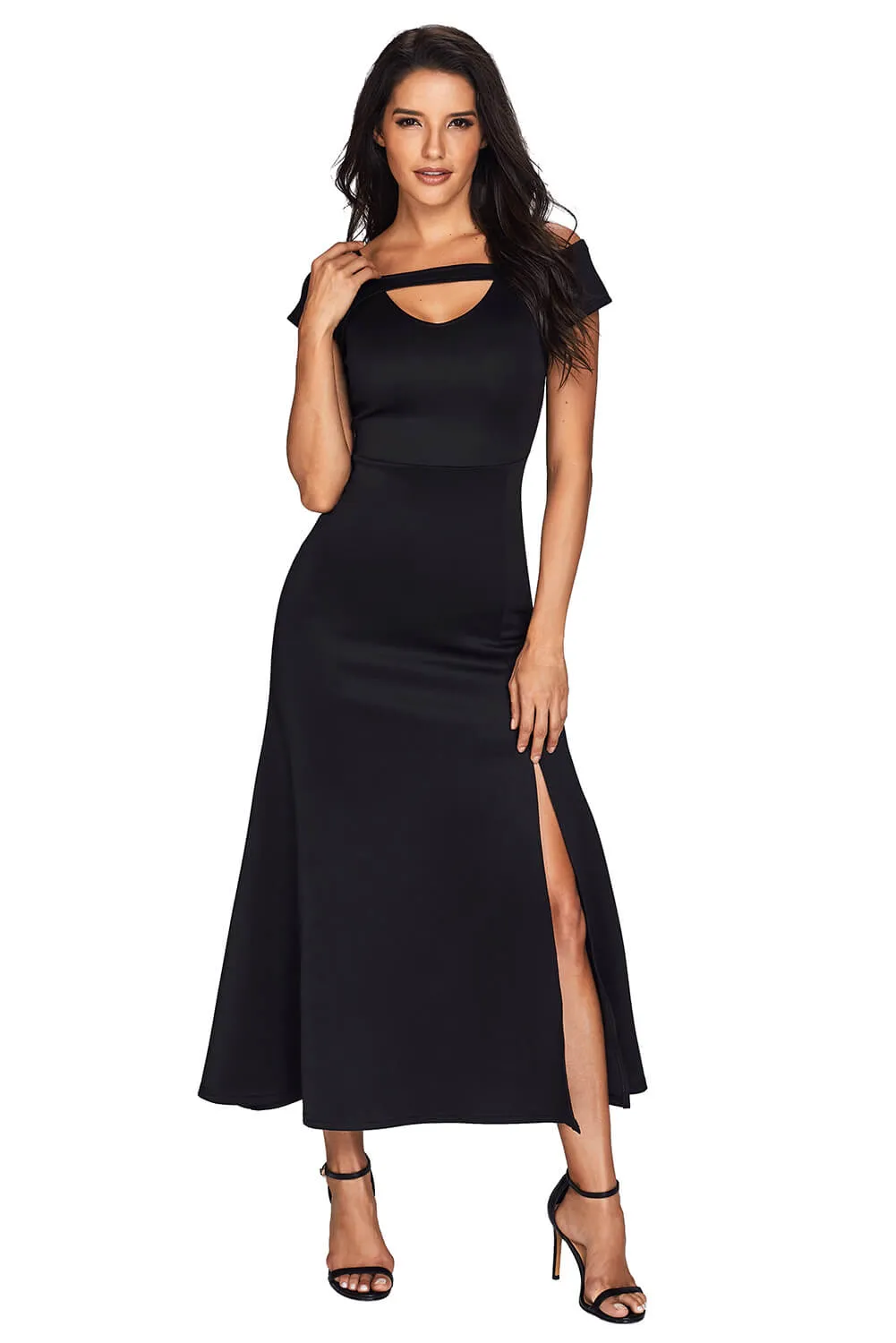 Black Cold Shoulders Front Slit Flare Dress