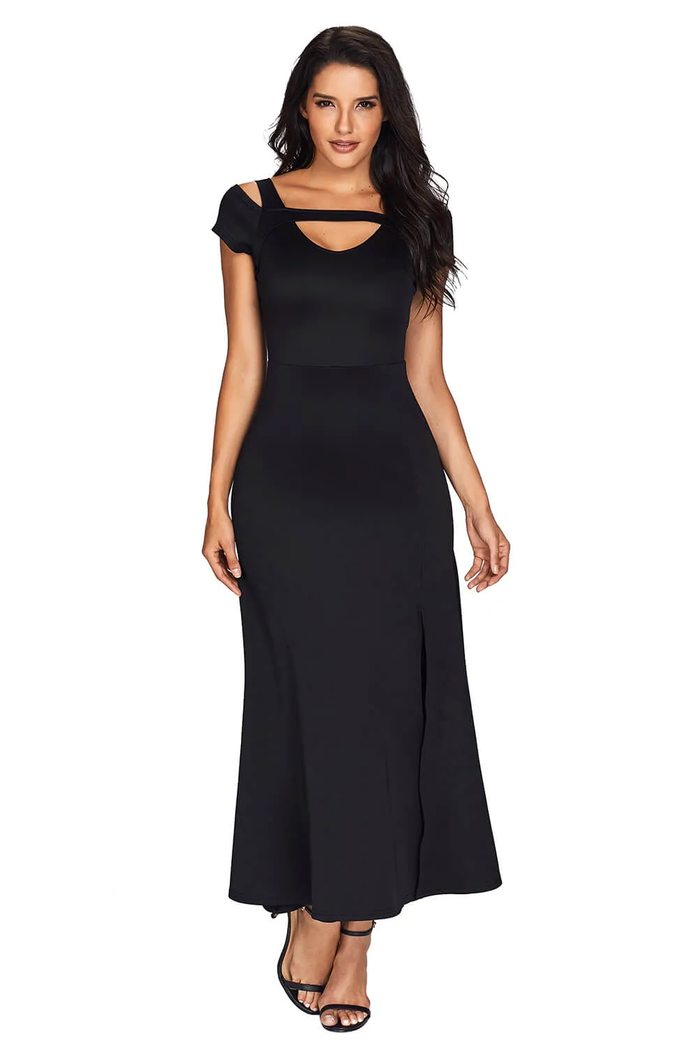 Black Cold Shoulders Front Slit Flare Dress