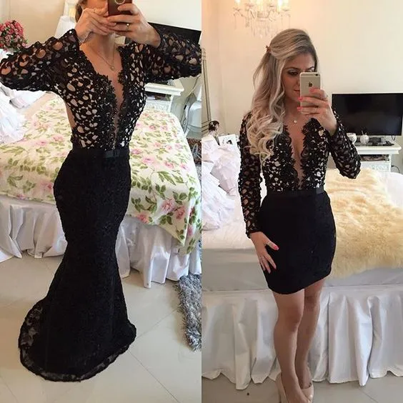 black evening dresses long Lace Applique detachable skirt elegant beaded mermaid evening dresses