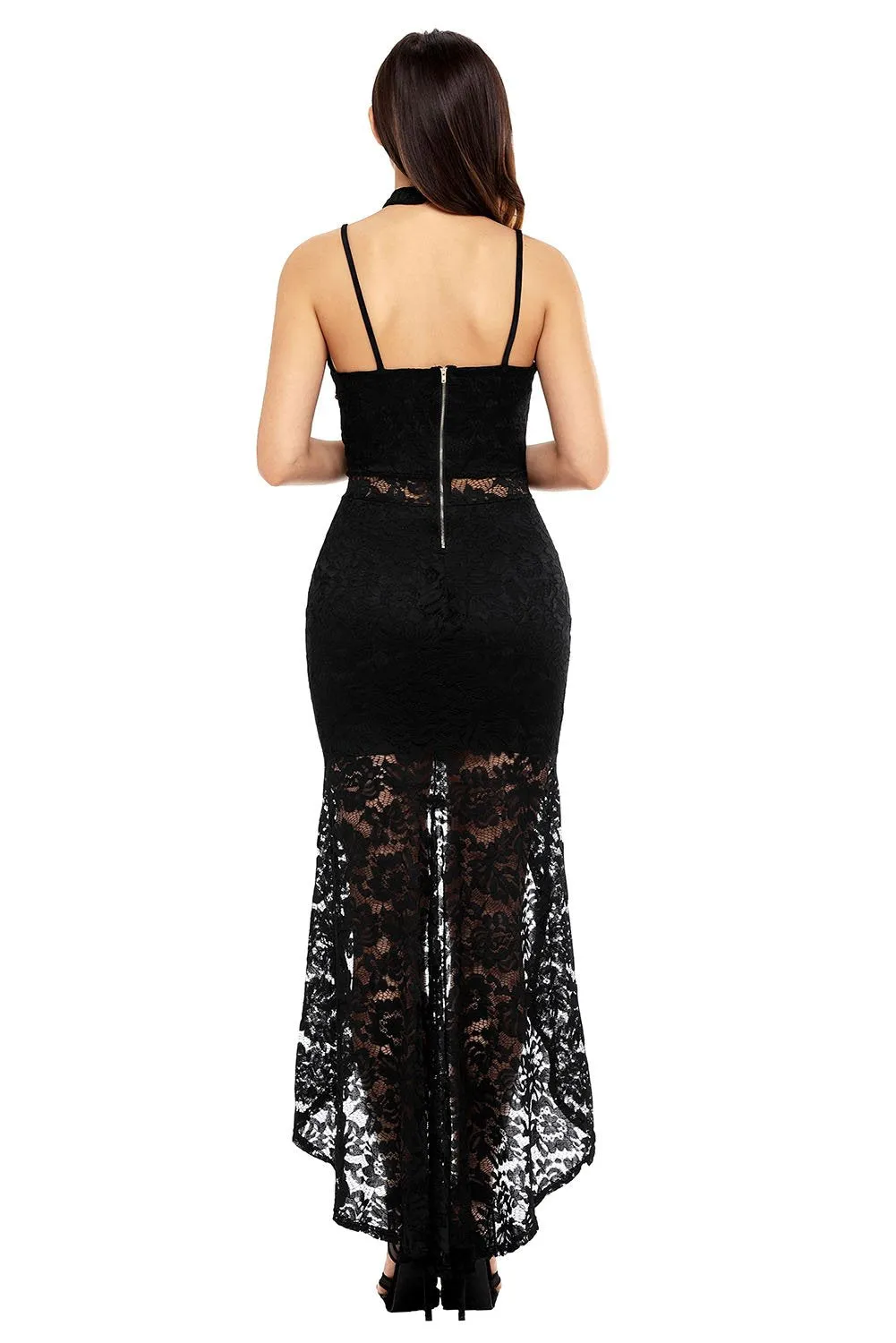 Black Floral Lace High Low Dress