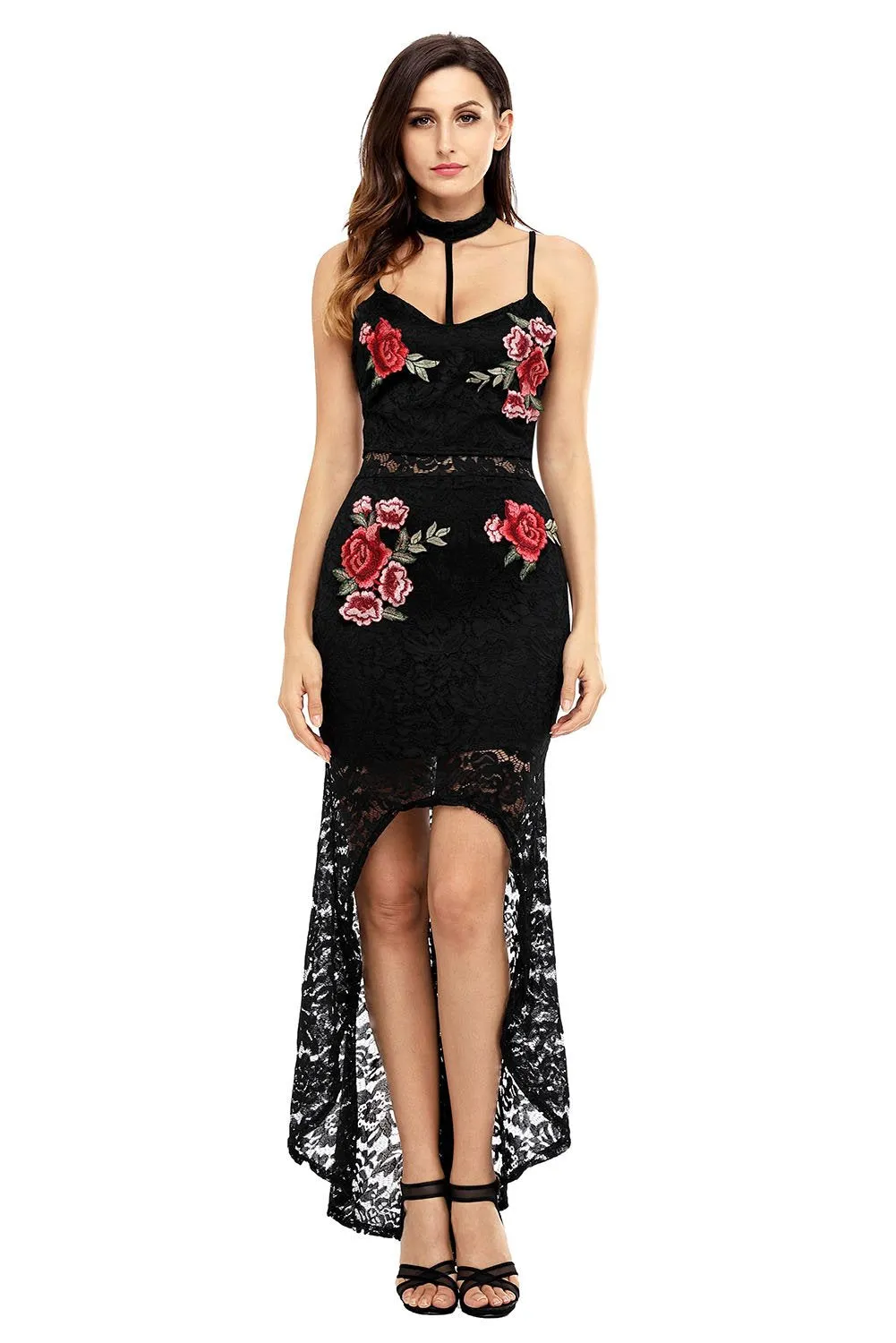 Black Floral Lace High Low Dress