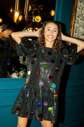 Black Sequin Poof Sleeve Rainbow Paillette Dress