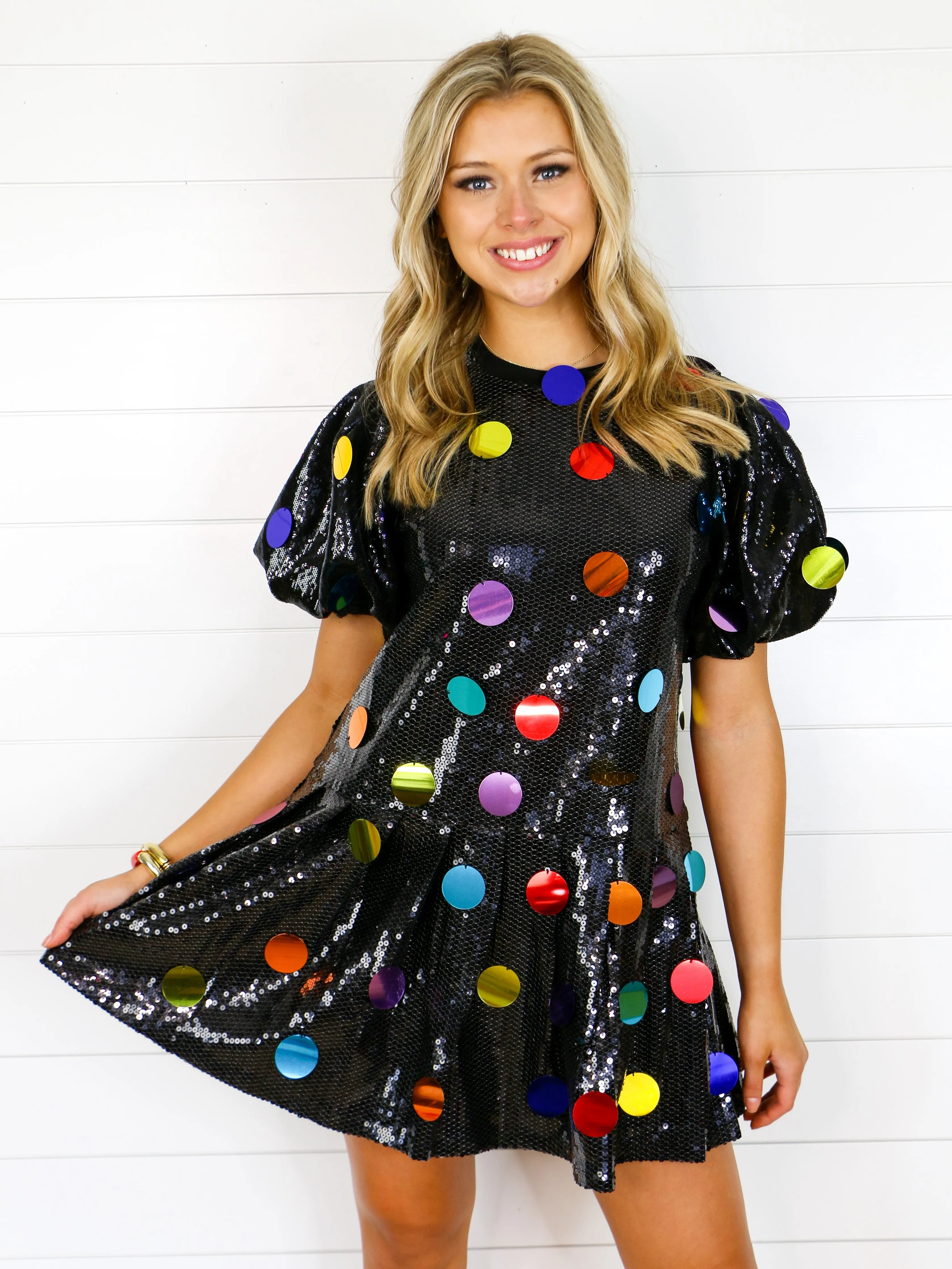 Black Sequin Poof Sleeve Rainbow Paillette Dress