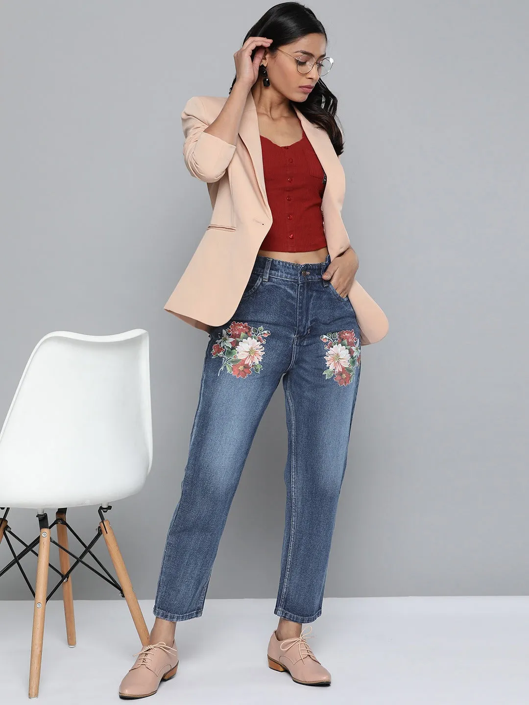 Blue Floral Print Mom Jeans