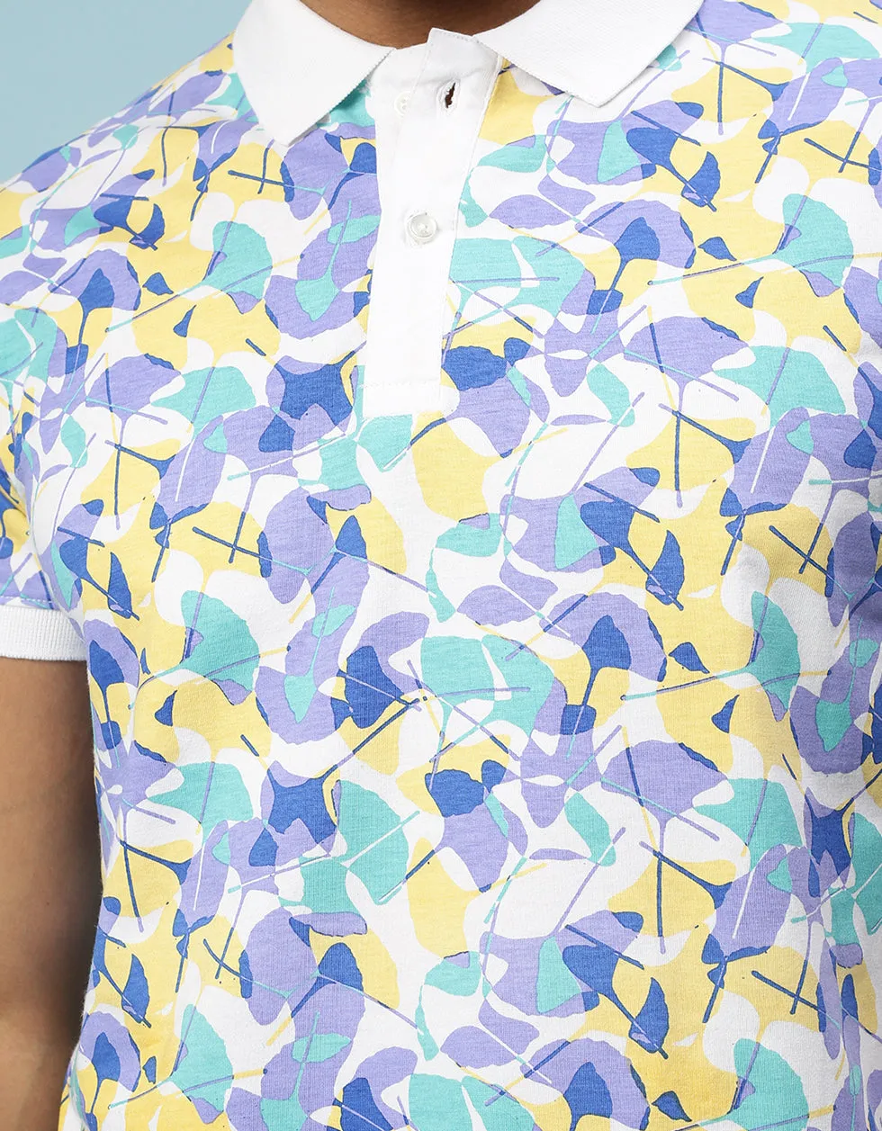 Blue Leaf Printed Polo T-Shirt