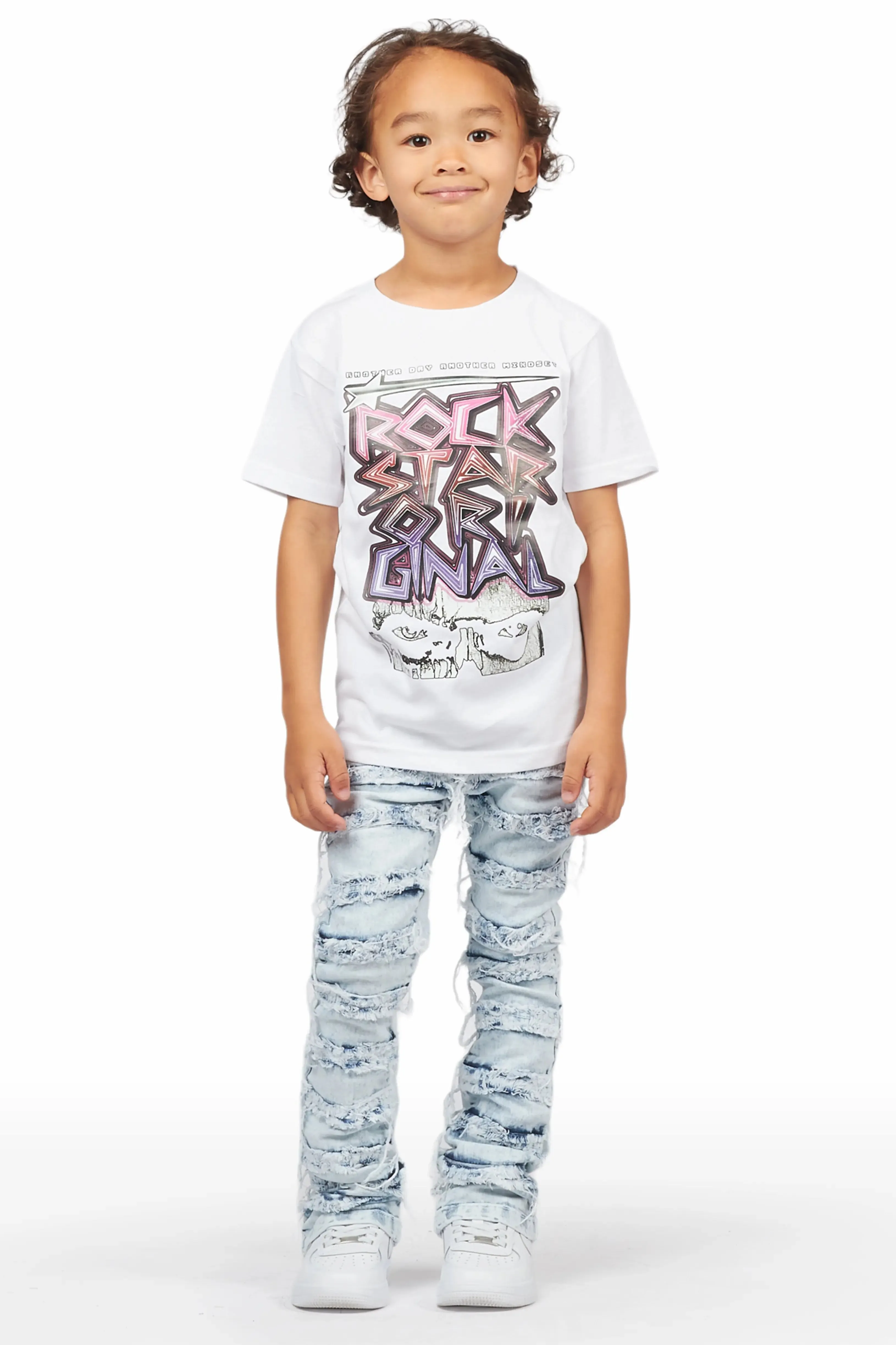 Boys Haku White T-Shirt/Frayed Skinny Stacked Flare Jean Set