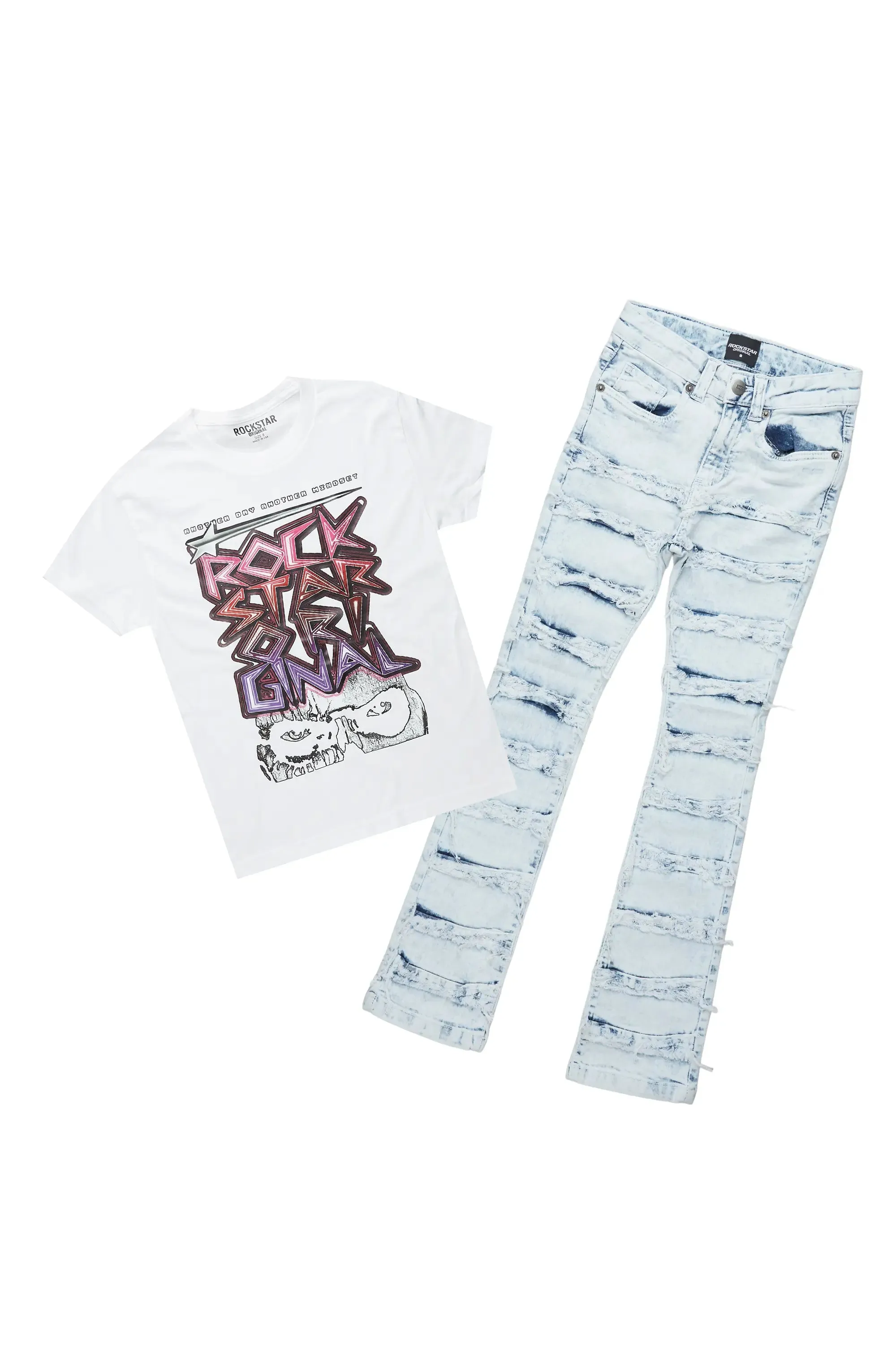 Boys Haku White T-Shirt/Frayed Skinny Stacked Flare Jean Set