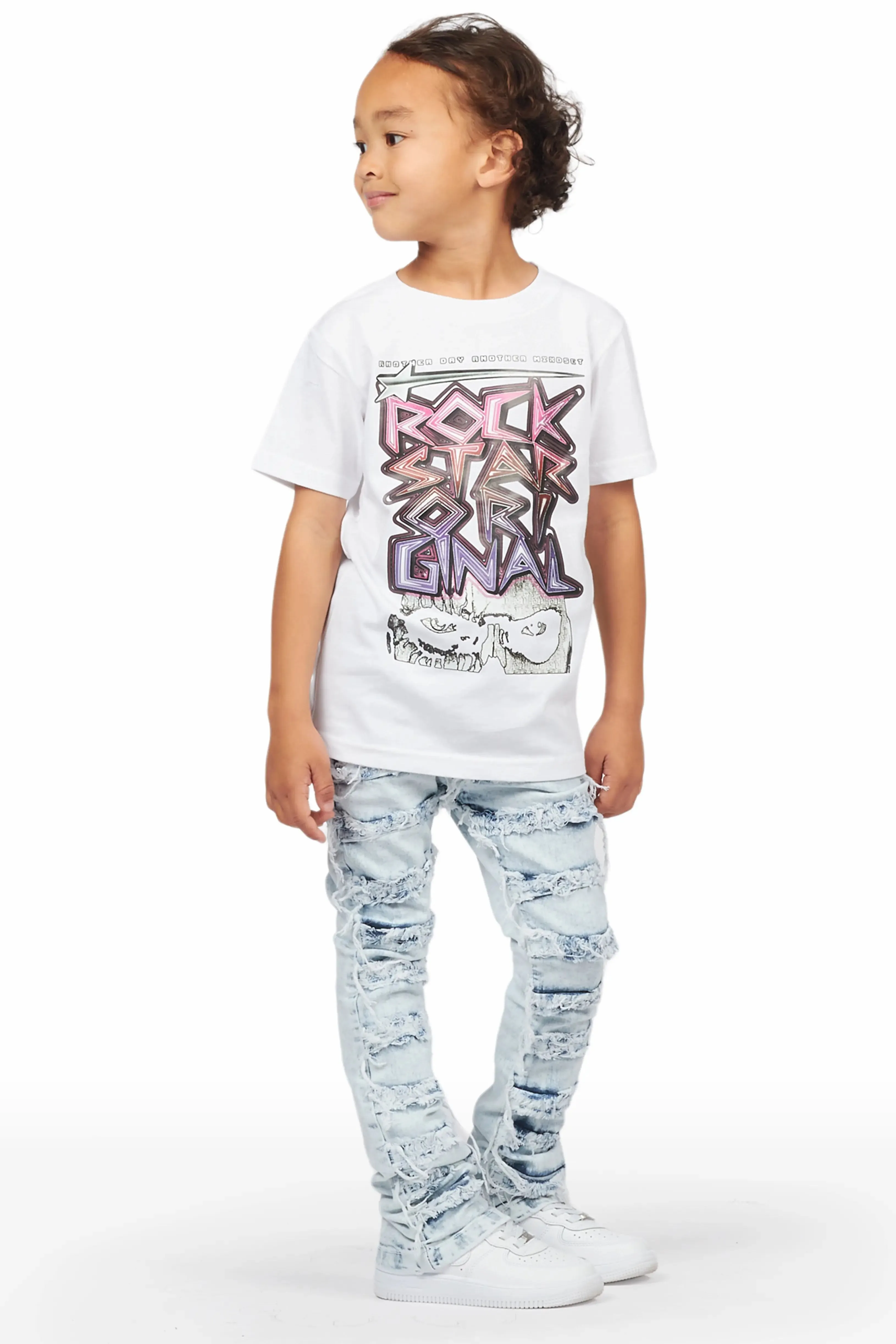 Boys Haku White T-Shirt/Frayed Skinny Stacked Flare Jean Set