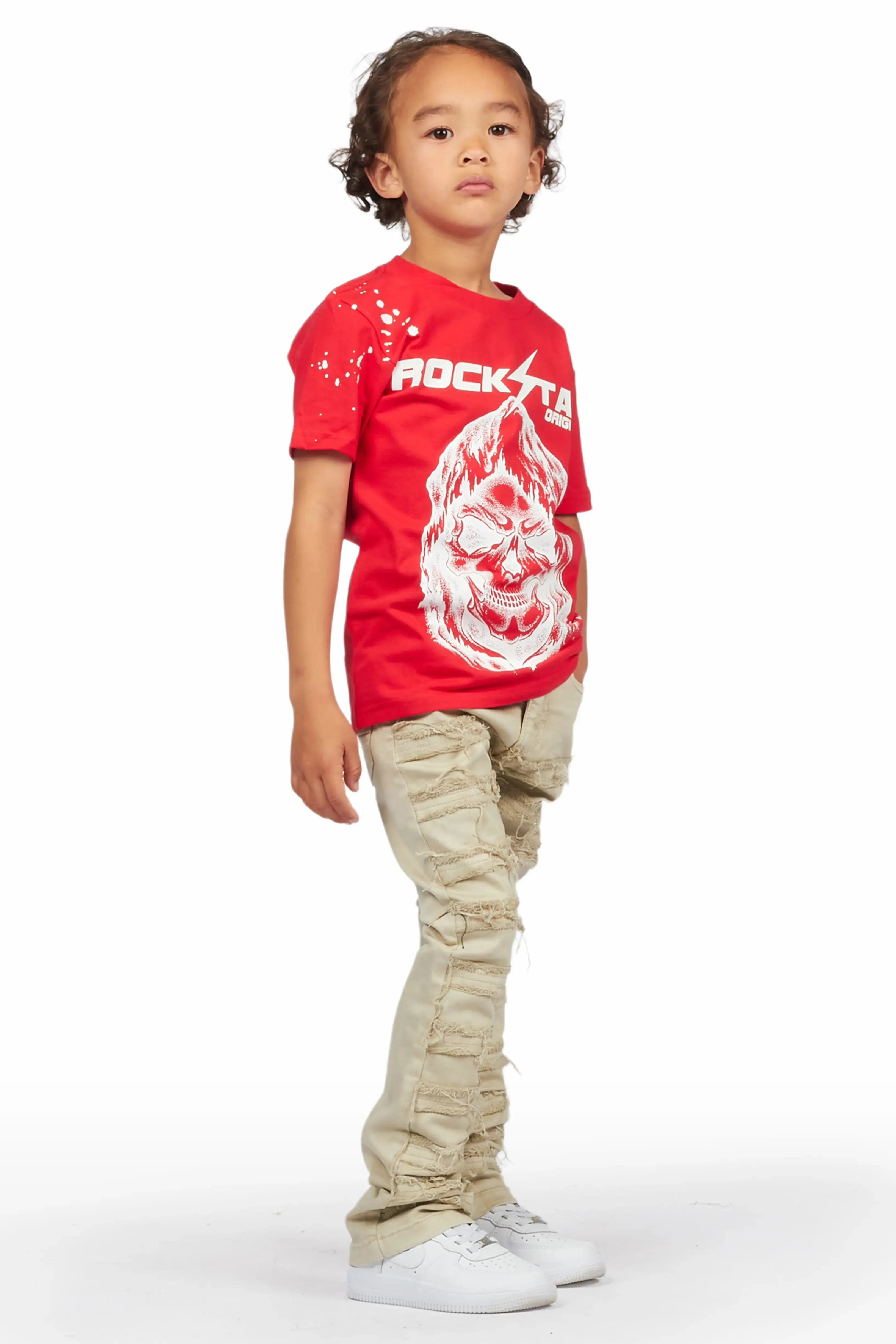 Boys Harriza Red T-Shirt/Stacked Flare Jean Set