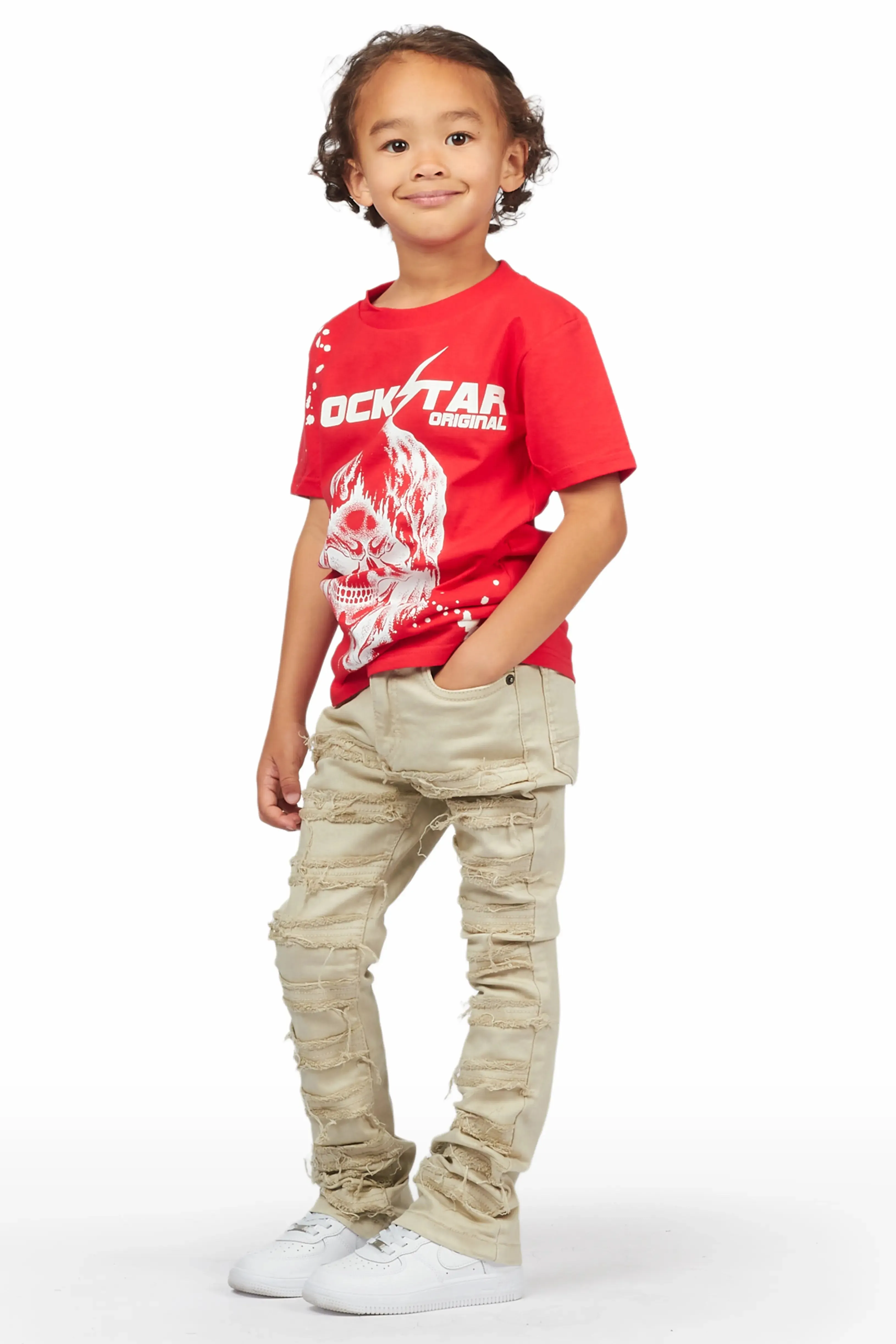 Boys Harriza Red T-Shirt/Stacked Flare Jean Set