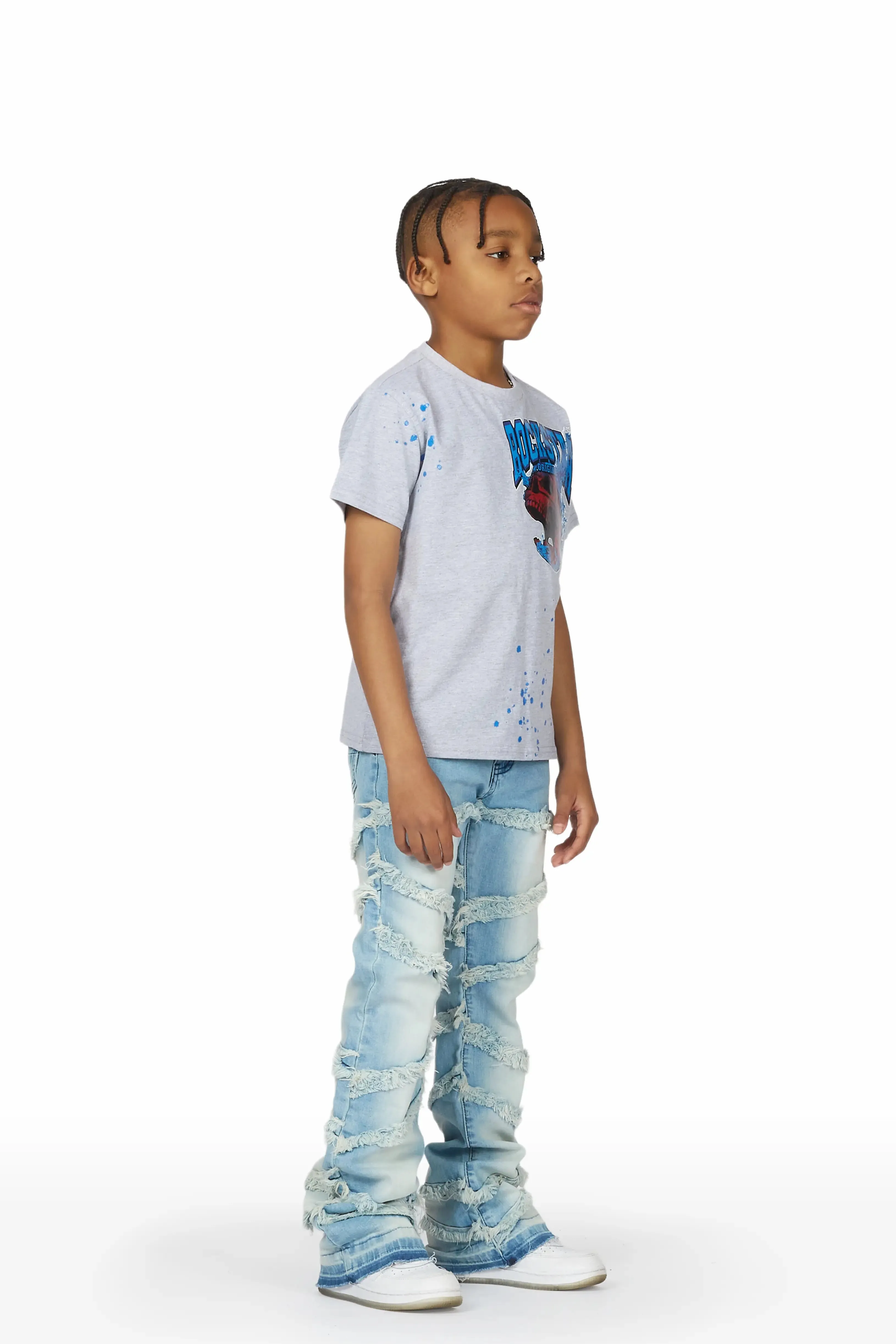 Boys Jabari Grey/Blue T-Shirt/Stacked Flare Jean Set