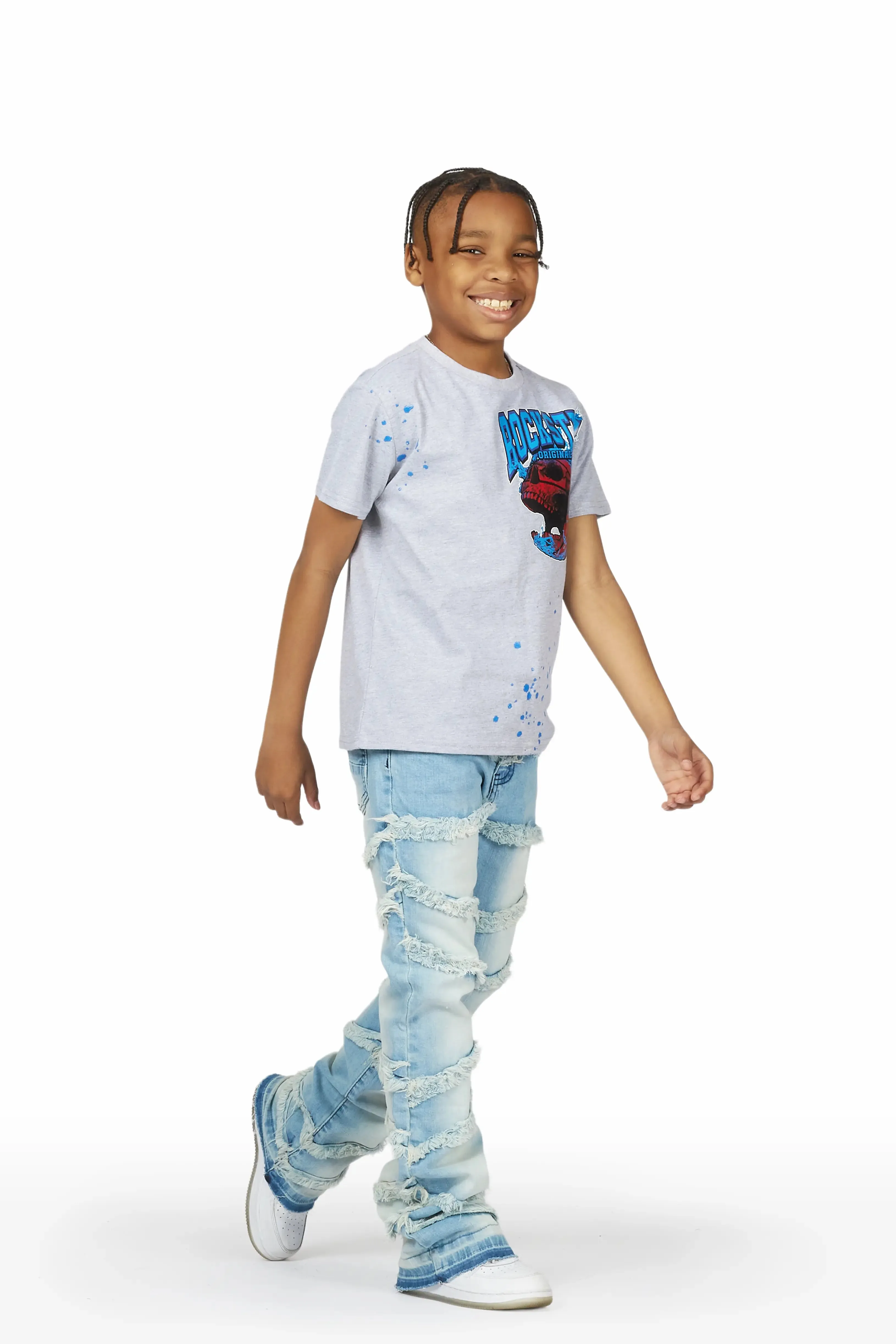 Boys Jabari Grey/Blue T-Shirt/Stacked Flare Jean Set