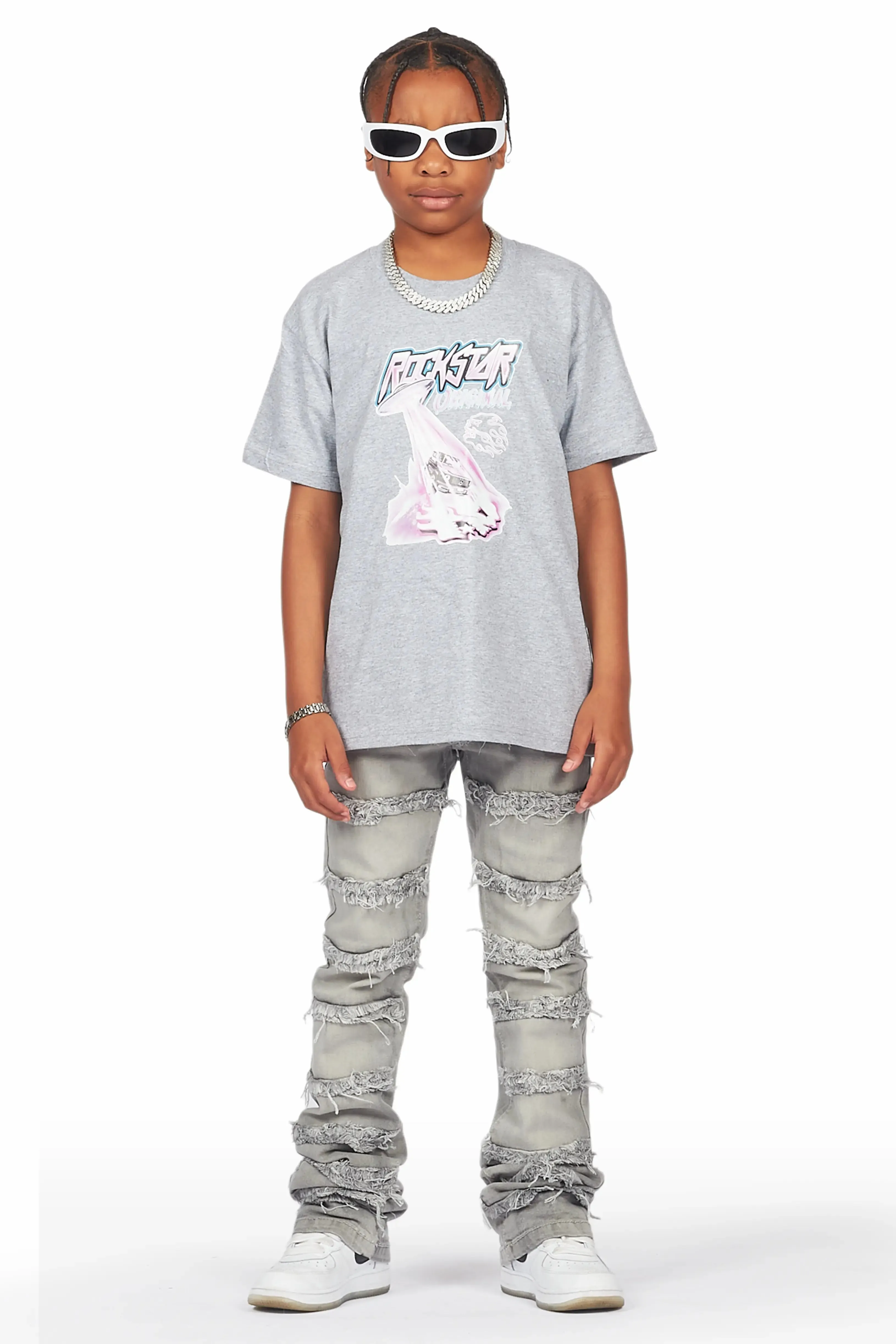 Boys Maleko Grey T-Shirt/Frayed Skinny Stacked Flare Jean Set