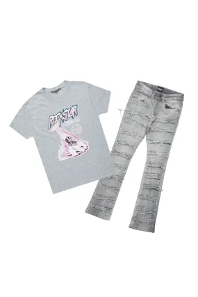 Boys Maleko Grey T-Shirt/Frayed Skinny Stacked Flare Jean Set