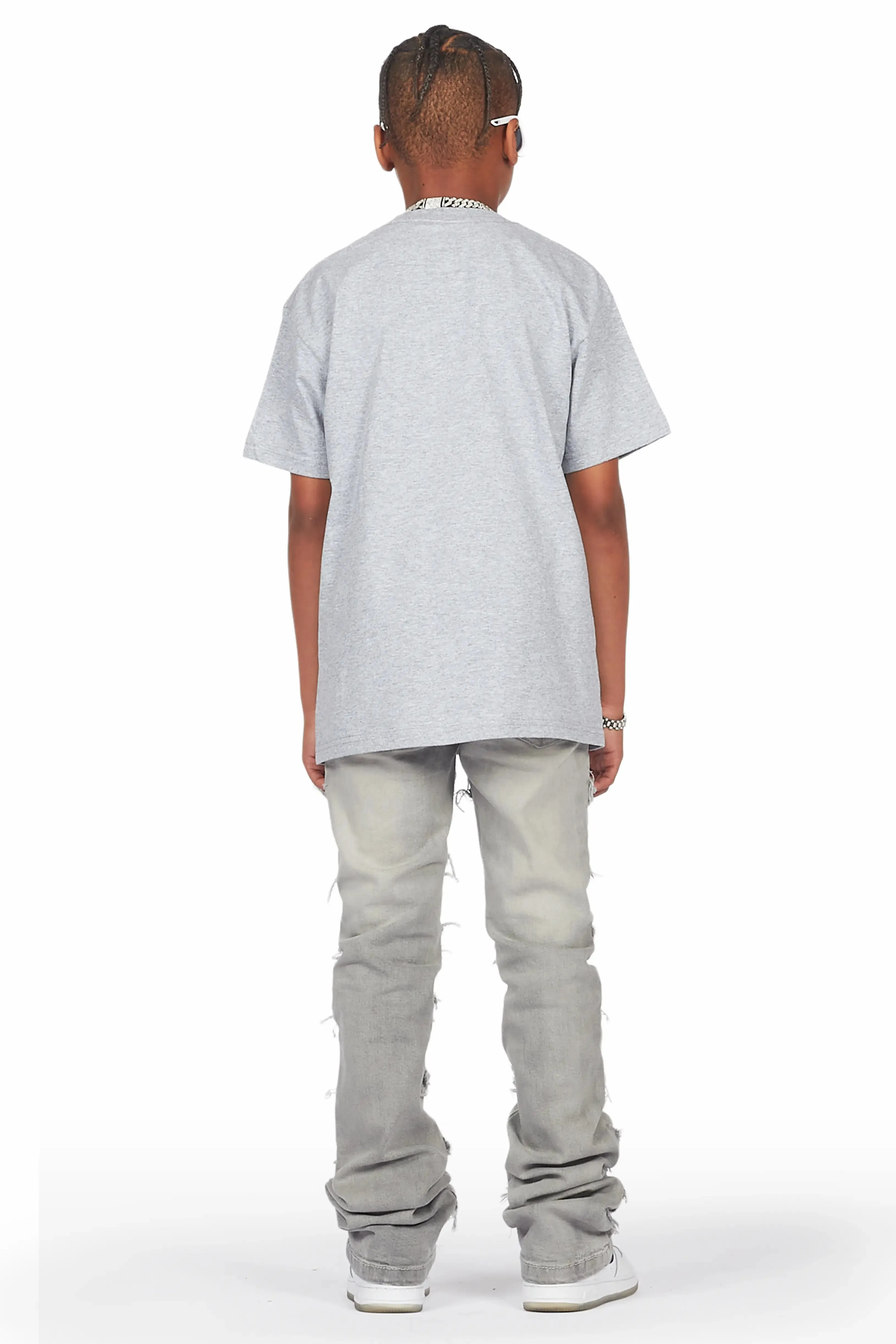 Boys Maleko Grey T-Shirt/Frayed Skinny Stacked Flare Jean Set