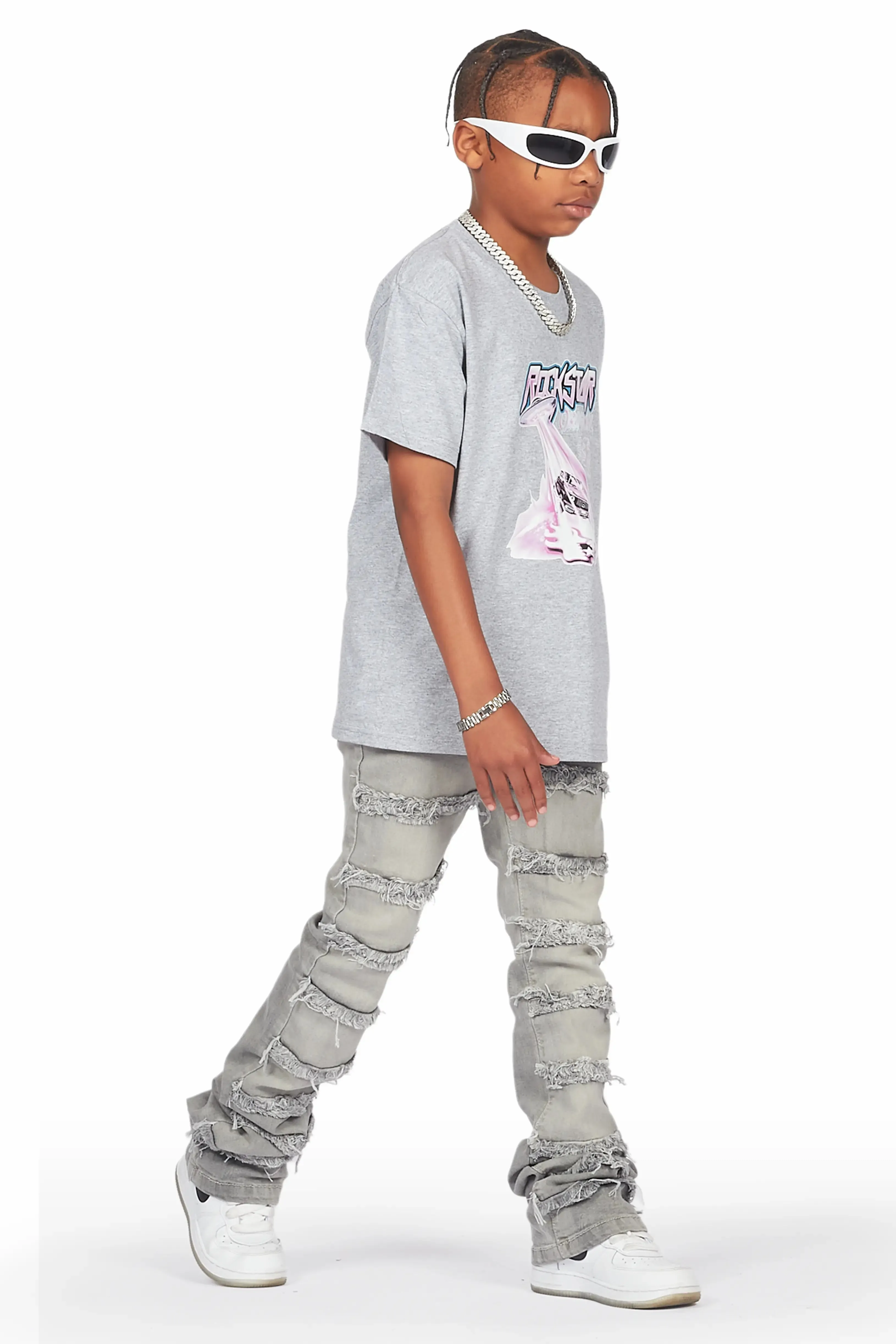 Boys Maleko Grey T-Shirt/Frayed Skinny Stacked Flare Jean Set