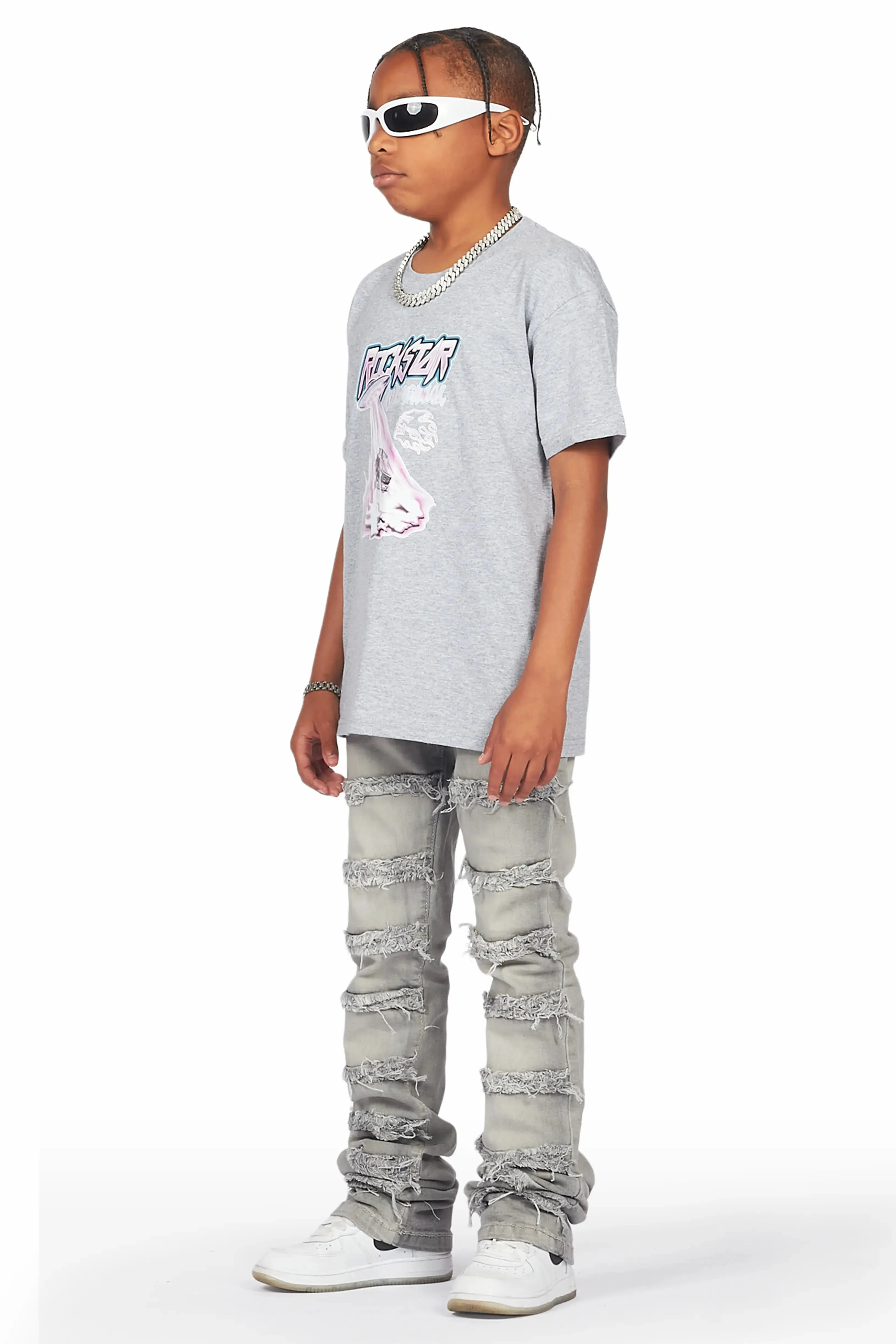 Boys Maleko Grey T-Shirt/Frayed Skinny Stacked Flare Jean Set