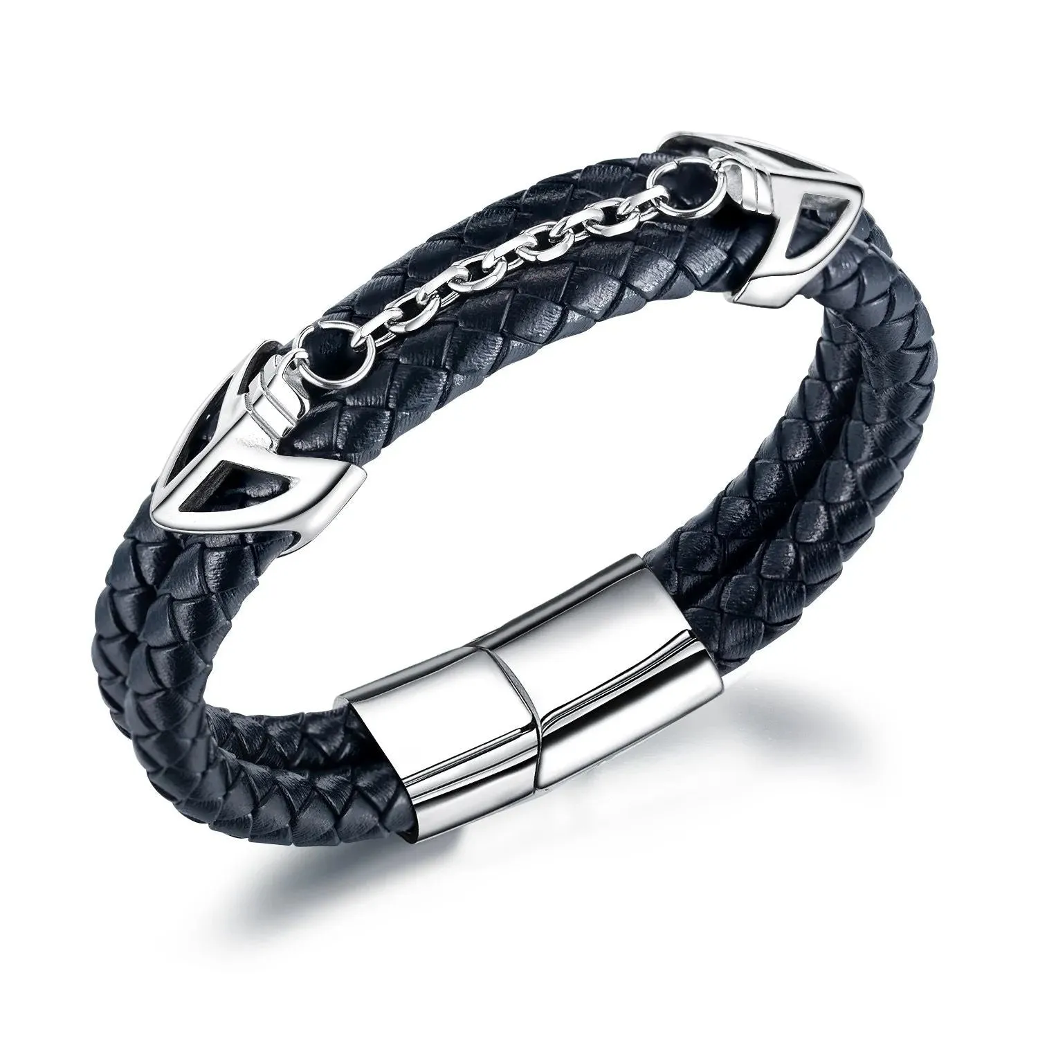 Braided Stainless Steel Black Leather Wrist Band Strand Dual Arrow Layer Bracelet For Men