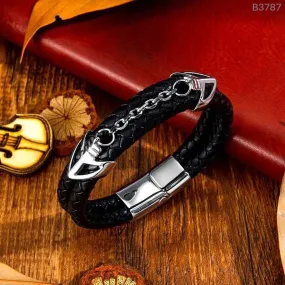 Braided Stainless Steel Black Leather Wrist Band Strand Dual Arrow Layer Bracelet For Men