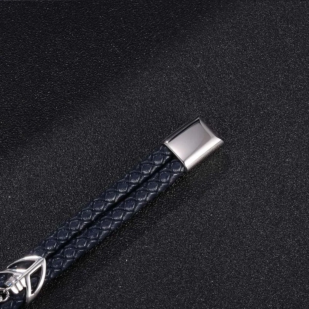 Braided Stainless Steel Black Leather Wrist Band Strand Dual Arrow Layer Bracelet For Men