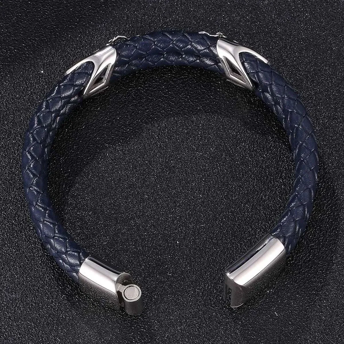 Braided Stainless Steel Black Leather Wrist Band Strand Dual Arrow Layer Bracelet For Men