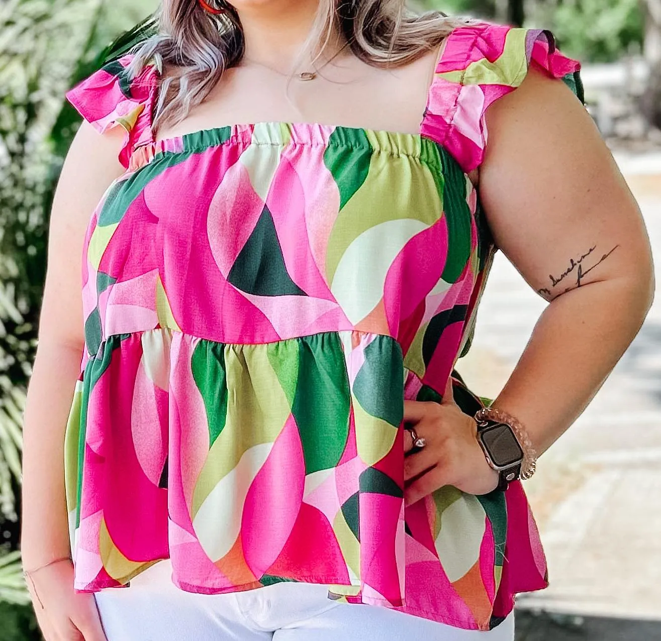 Bright Babydoll Curvy Top | Pink/Green